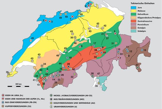 Karte mit den “Bedeutenderen Rohstoffvorkommen der Schweiz“