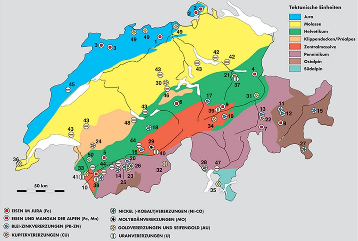 Map showing the “significant ore occurrences of Switzerland”